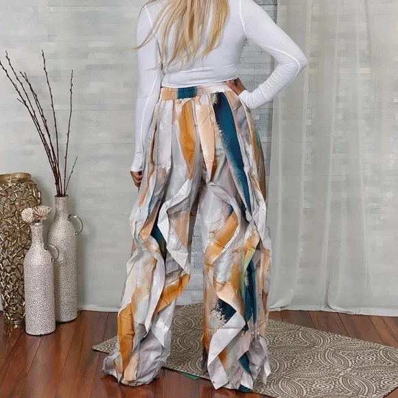 Ruffle Wavy RED ABSTRACT print Women's Pants - Picture 11 of 13